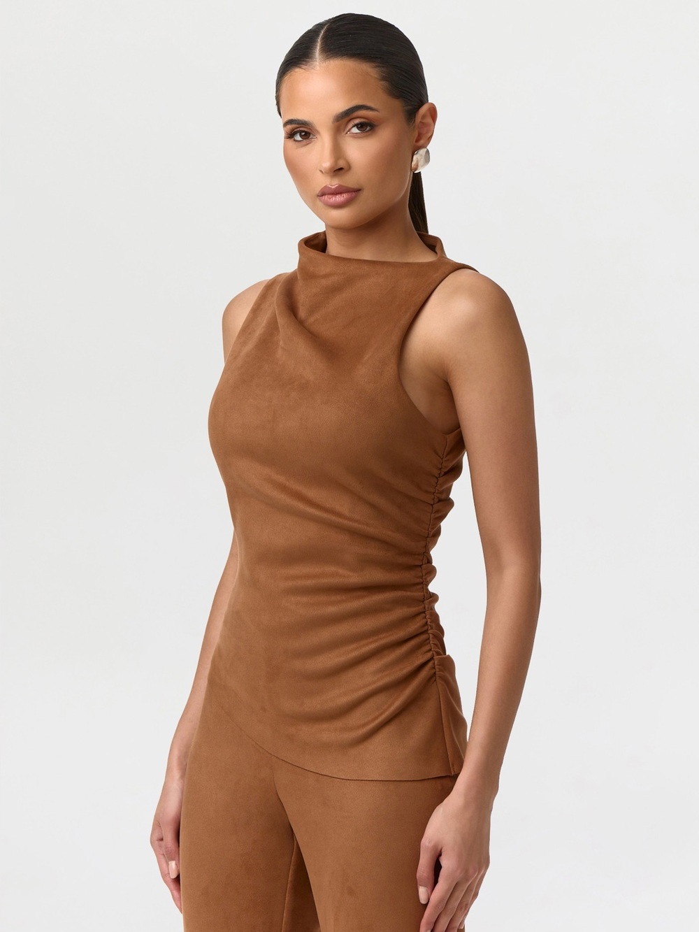 NWT Naked Wardrobe Sz L Suiting Asymmetrical Top Faux Suede Ruched Sleeveless